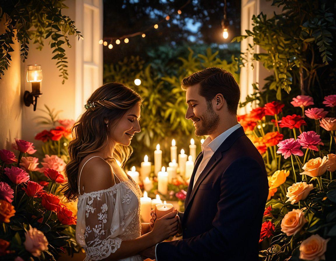 A lush, intimate setting featuring a couple embracing, surrounded by soft, glowing candlelight and colorful flowers, symbolizing deep connection and romance. The couple's smiles reflect warmth and trust, while their eyes gaze into each other's soul. In the background, hints of nature softly blur, enhancing the private moment. Emphasize warm tones and gentle lighting to evoke a sense of allure. super-realistic. vibrant colors. soft focus.