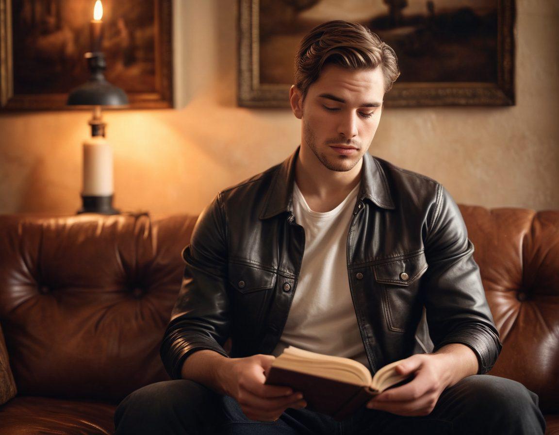 A contemplative straight man sitting on a vintage leather couch, surrounded by soft, warm lighting, with an open journal in his lap, pondering his thoughts. The background is filled with subtle hints of intimate items like a framed photo, a candle, and a book on relationships. His expression is one of curiosity and introspection, showcasing vulnerability and allure. super-realistic. warm tones. soft focus.